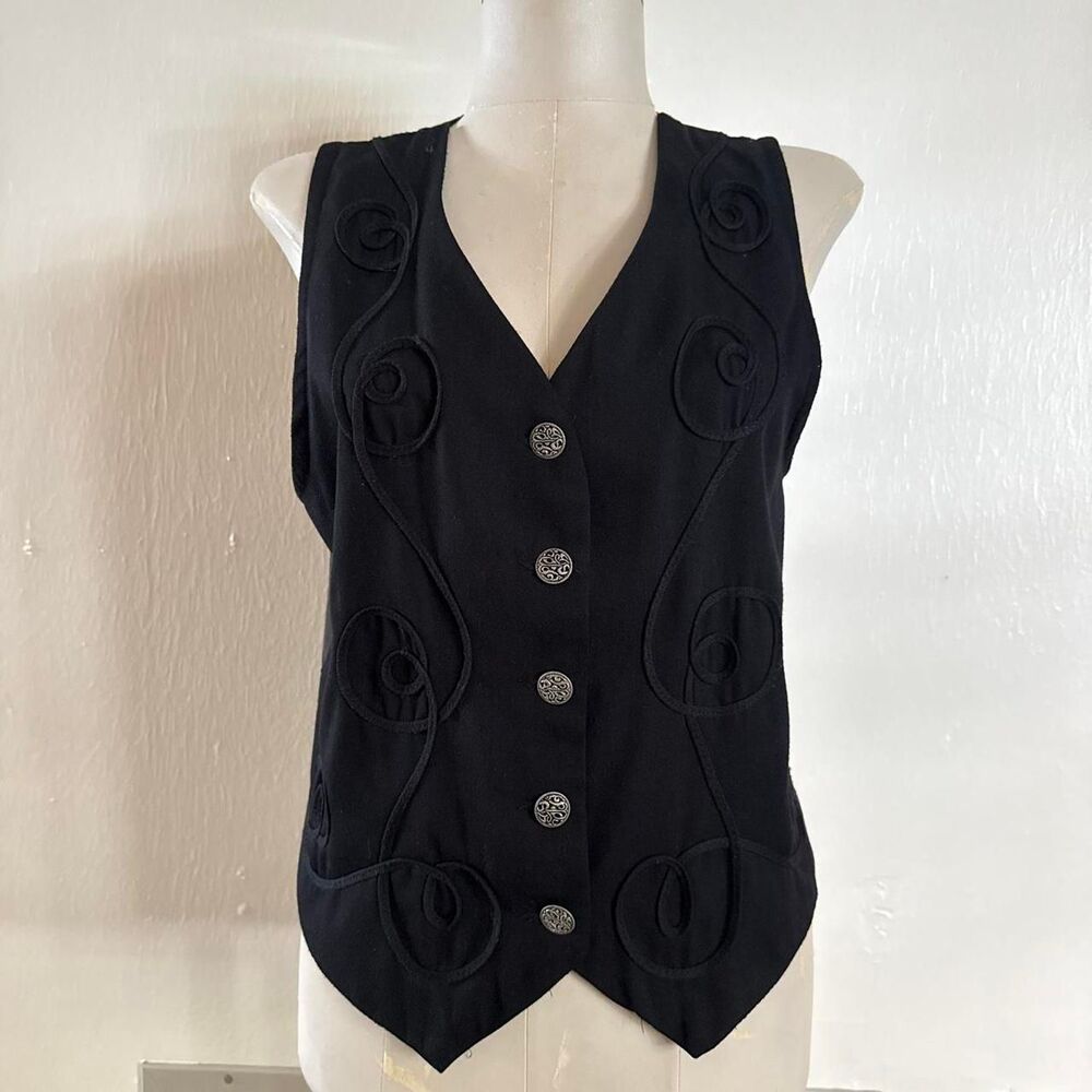 Vintage 90s Steampunk Black vest silver buttons floral scroll embroidery size 8